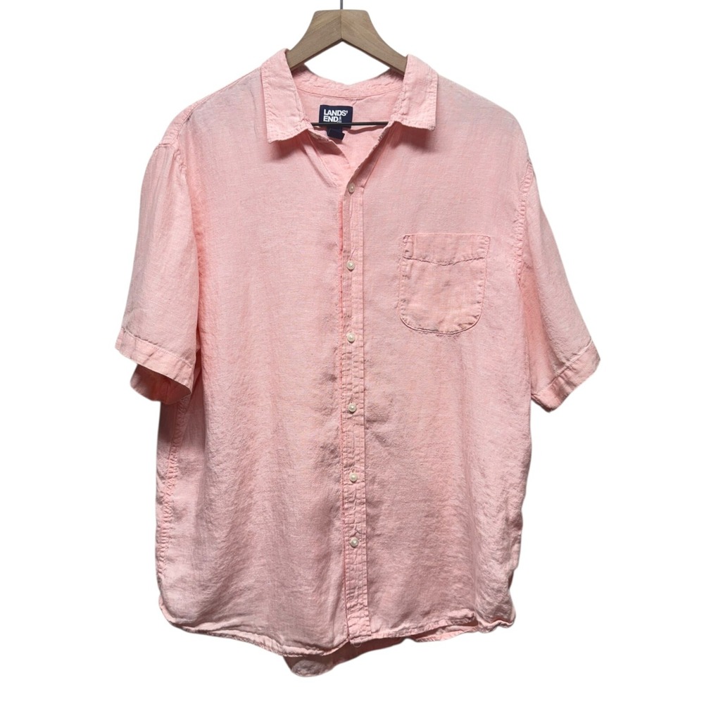 Lands End Men 100% Linen Sz L Pink Short Sleeve Button Up Shirt Preppy Resort